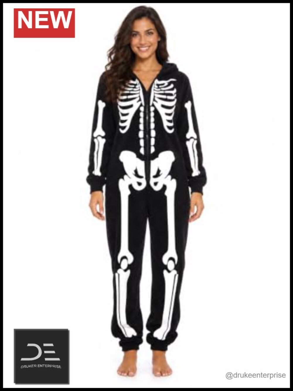 Women's Skeleton Onesie Halloween Costume Hooded Fleece One-Piece Pajama